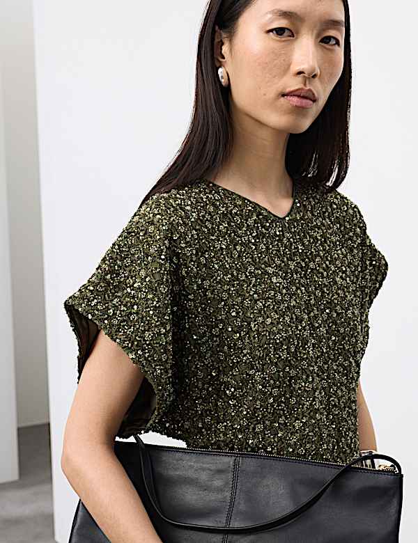 Beaded V-Neck Mini Fitted Shift Dress