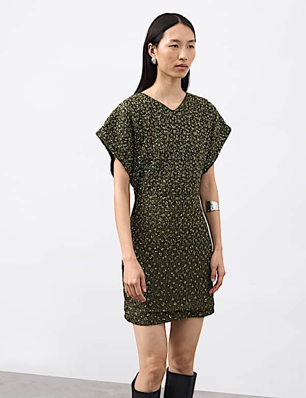 Beaded V-Neck Mini Fitted Shift Dress