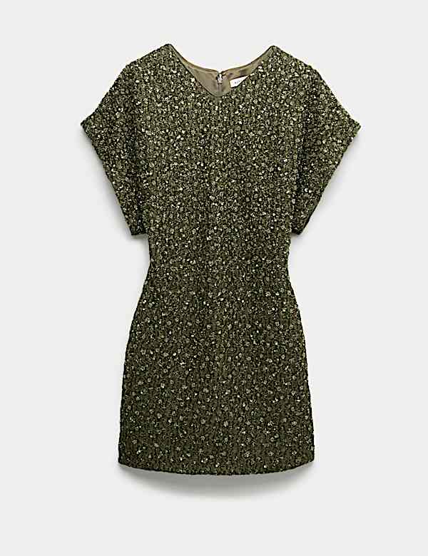 Beaded V-Neck Mini Fitted Shift Dress - SK