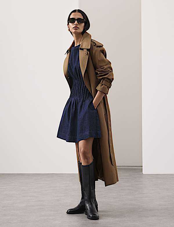 שמלת סקייטר מיני מבד ג'ינס עם קפלים - IL