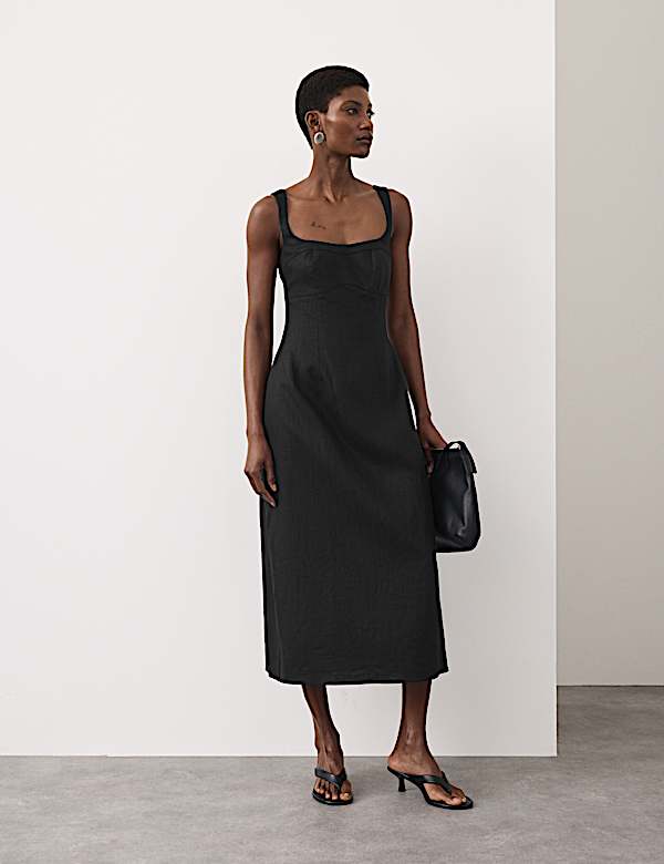 שמלה אסופה במותניים מפשתן טהור - IL