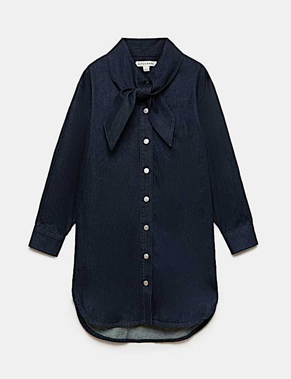 Denim Tie Neck Mini Shirt Dress - VN