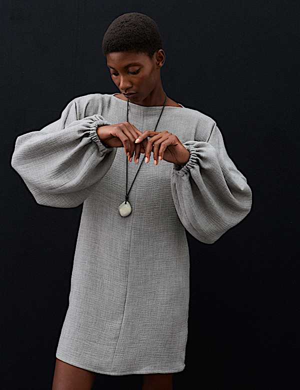 Textured Blouson Sleeve Mini Shift Dress - SK