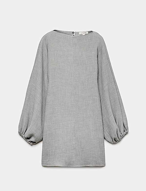 Textured Blouson Sleeve Mini Shift Dress - SK