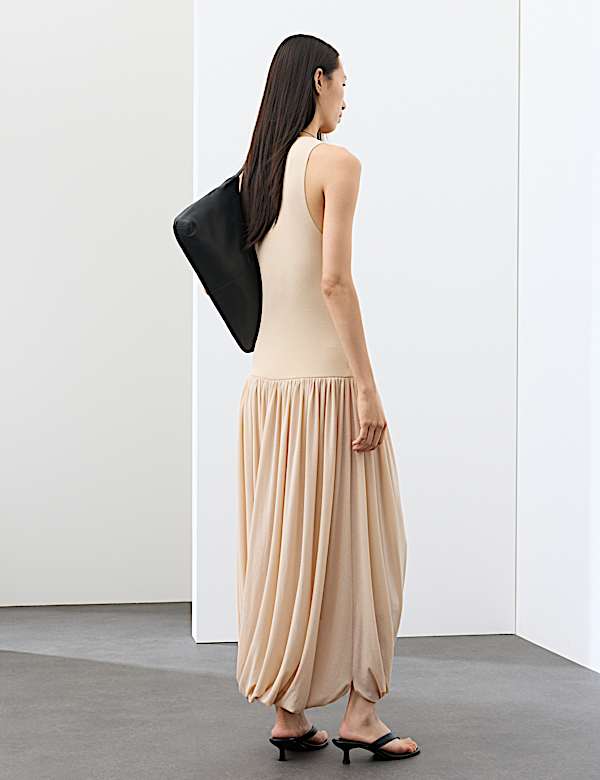 Knitted Scoop Neck Draped Maxi Drop Waist Dress - AL