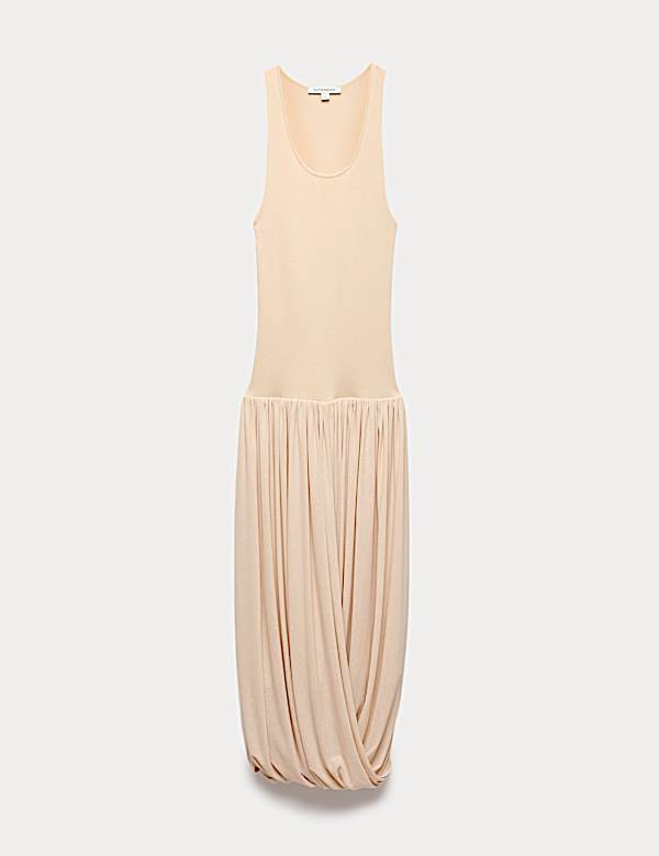Knitted Scoop Neck Draped Maxi Drop Waist Dress - AL