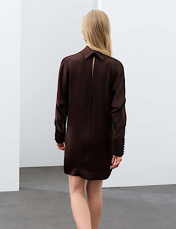 Satin High Neck Button Detail Mini Shift Dress - AU