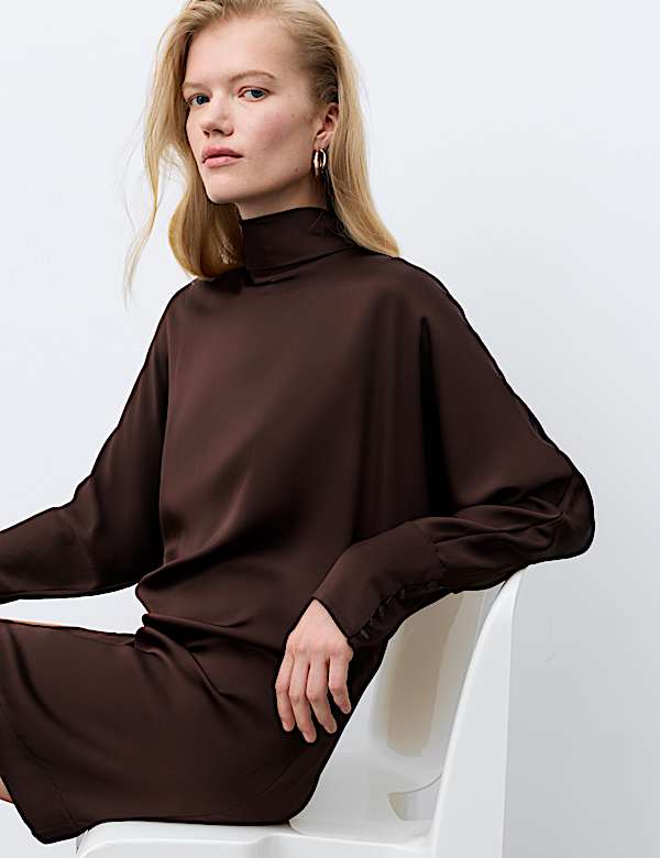 Satin High Neck Button Detail Mini Shift Dress - AU