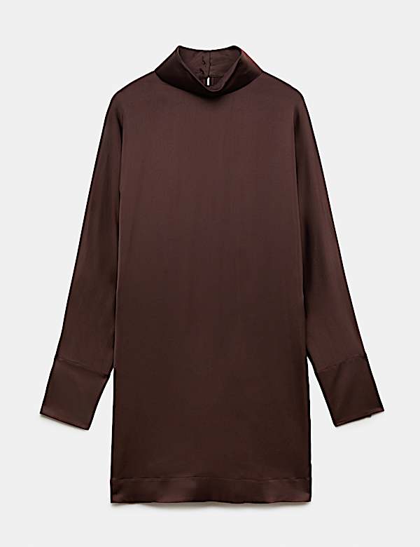 Satin High Neck Button Detail Mini Shift Dress - AU