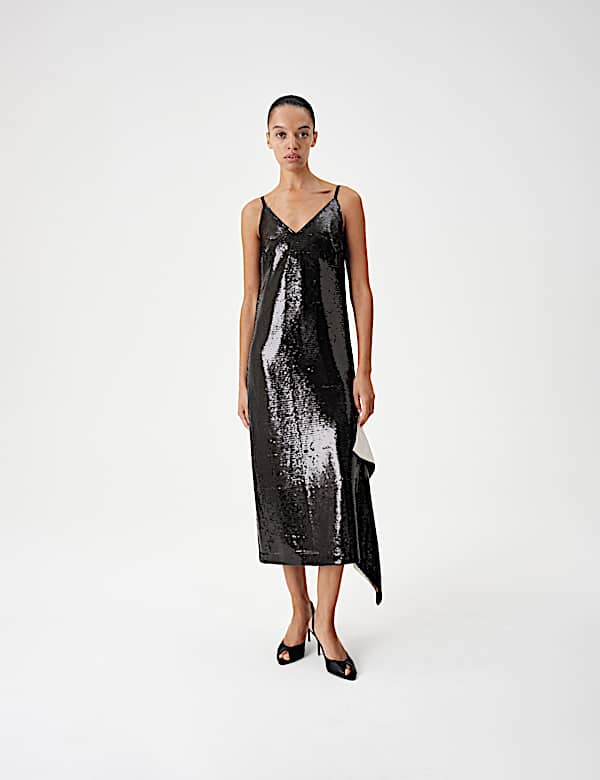Sequin V Neck Frill Detail Midi Slip Dress - AU
