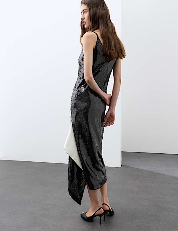 Sequin V Neck Frill Detail Midi Slip Dress - AU