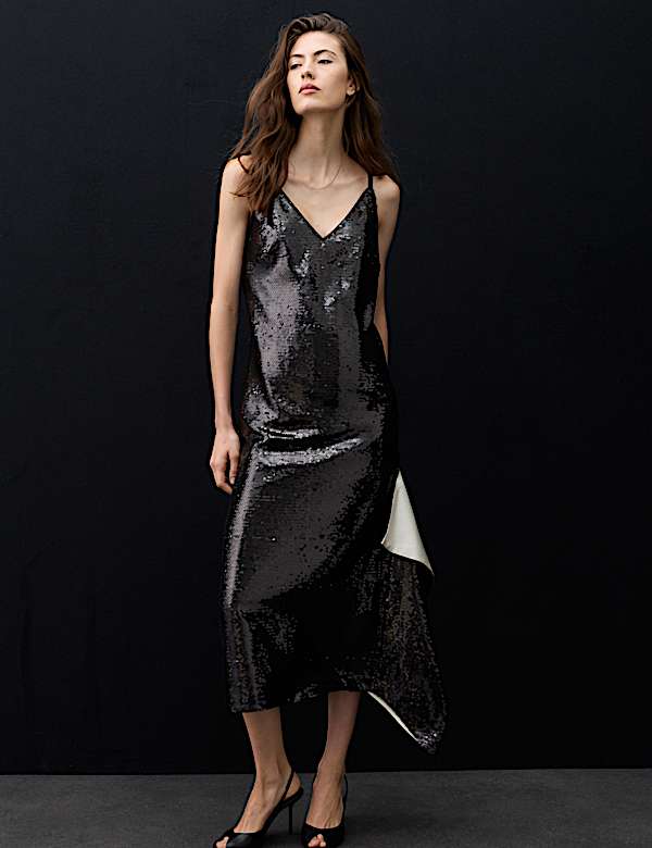 Sequin V Neck Frill Detail Midi Slip Dress - AU