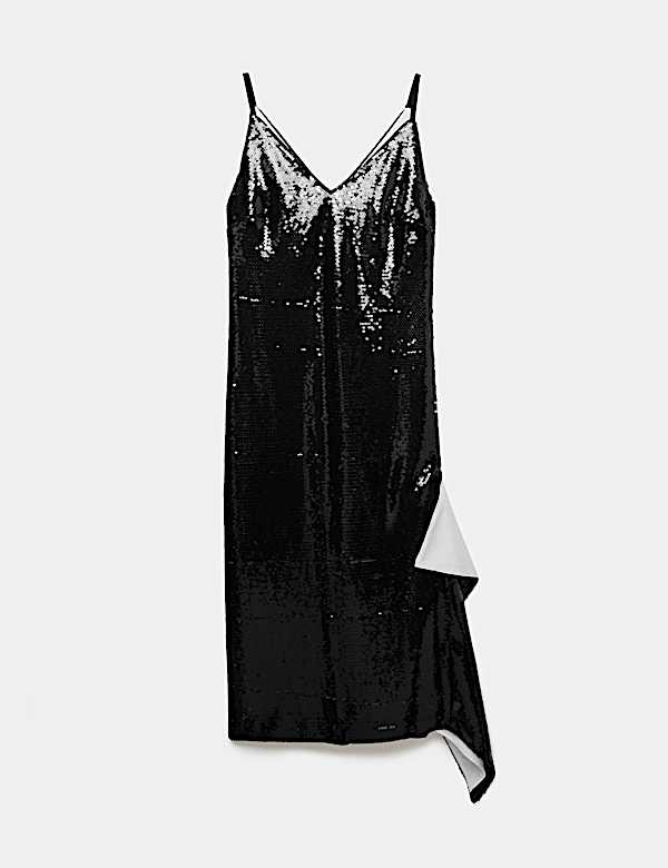 Sequin V Neck Frill Detail Midi Slip Dress - AU