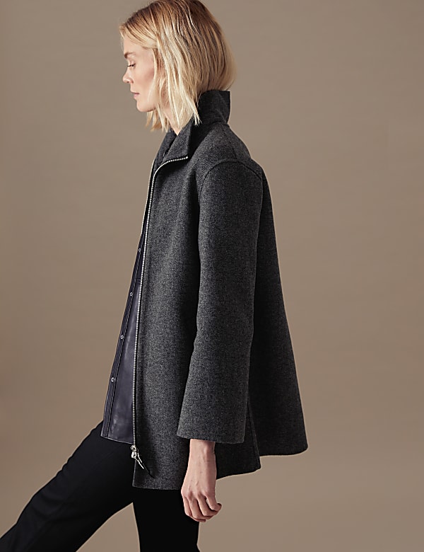 Wool Blend Herringbone Funnel Neck Coat