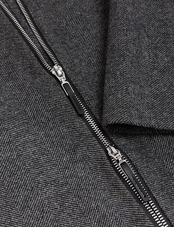 Wool Blend Herringbone Funnel Neck Coat