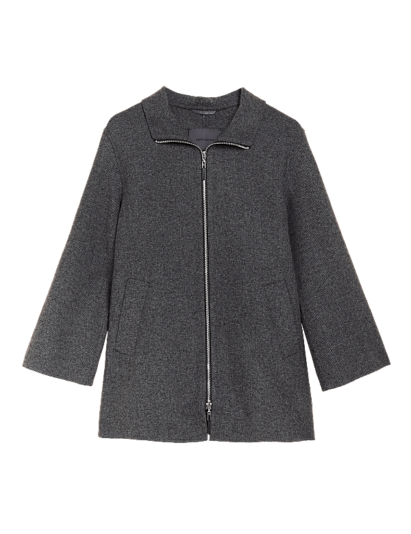 Wool Blend Herringbone Funnel Neck Coat