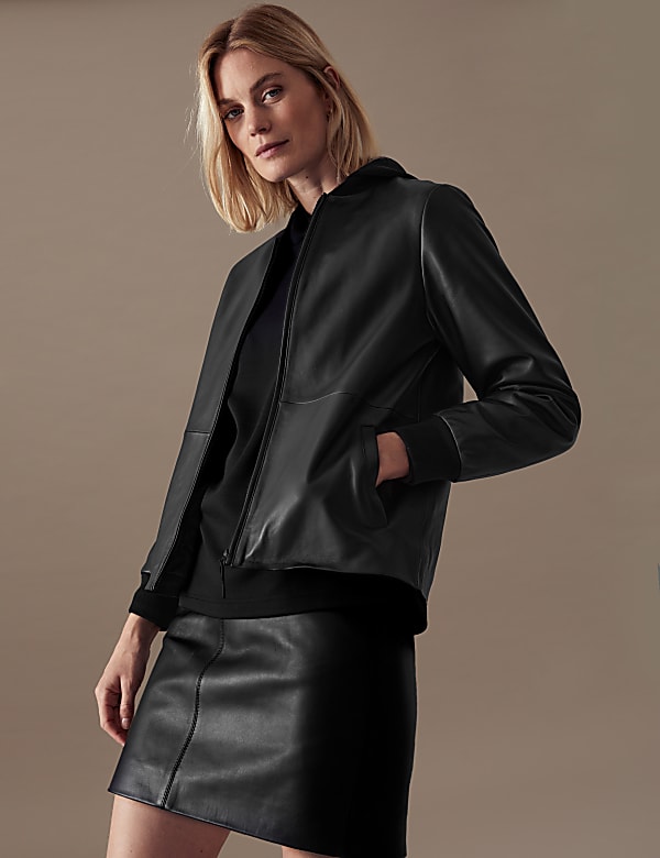 Leather High Neck Bomber Jacket | BLACK | Jackets | M&S GR