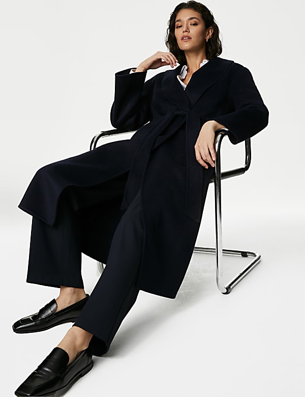 Wool Blend Belted Shawl Collar Wrap Coat DARK NAVY Coats M S CH