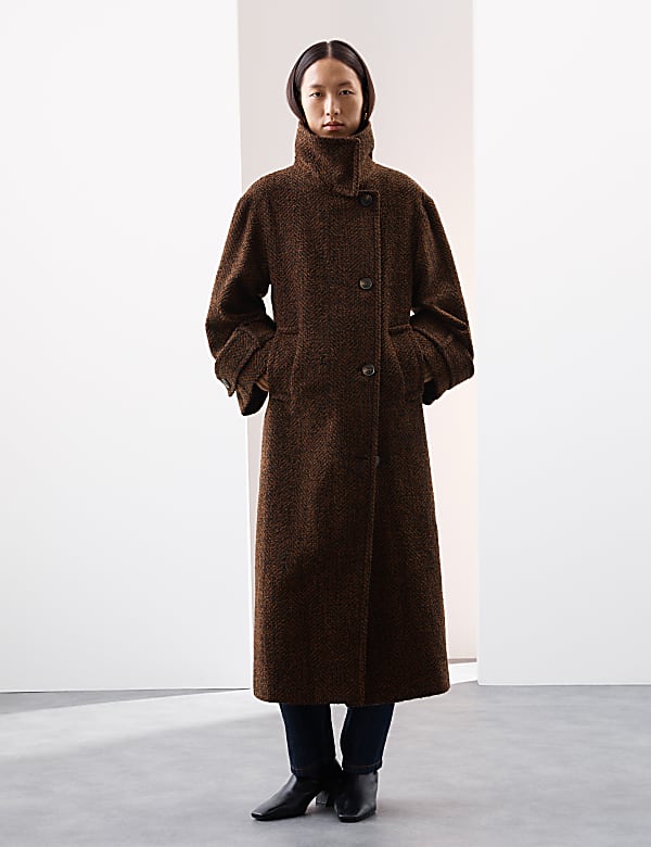 Wool Blend Herringbone Longline Tailored Coat CHOCOLATE MIX Coats M S HU
