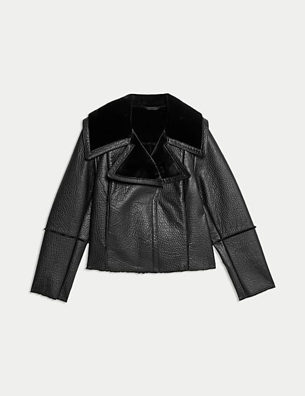 Leather Faux Fur Lined Cropped Jacket BLACK Jackets M S SK