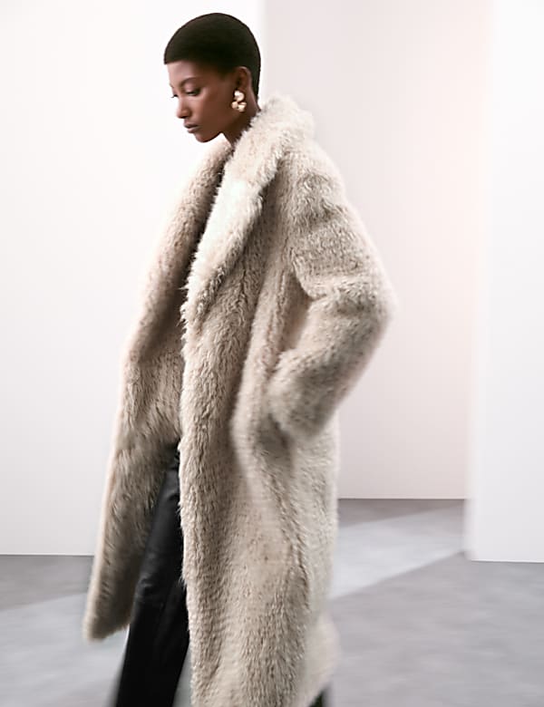 Faux Fur Revere Collar Longline Coat NEUTRAL Coats M S JE