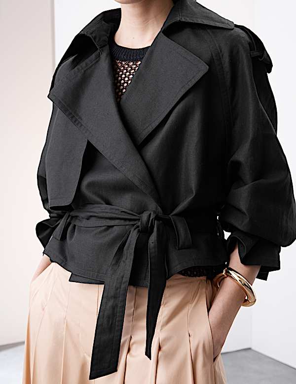 Linen Blend Cropped Trench Coat - CA