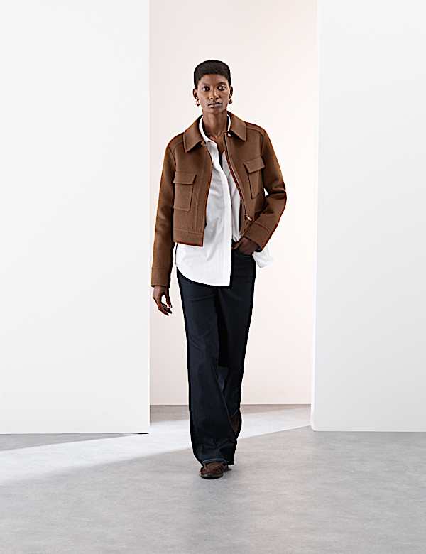 Wool Blend Collared Cropped Utility Jacket - NZ