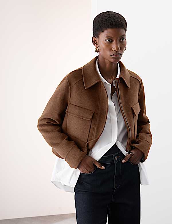 Wool Blend Collared Cropped Utility Jacket - NZ