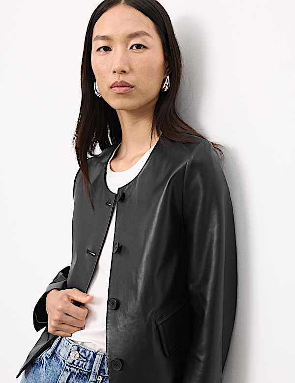 Leather Collarless Jacket - CY