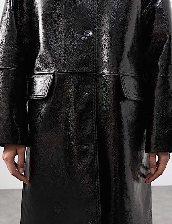 מעיל נסיעה מעור בגזרה ארוכה בגימור סדקים מבריק - IL