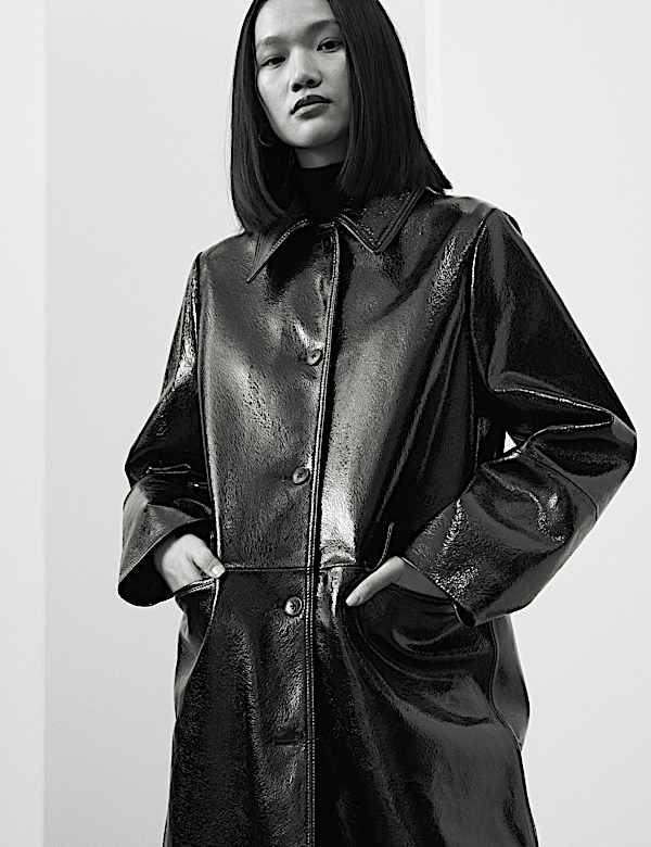 מעיל נסיעה מעור בגזרה ארוכה בגימור סדקים מבריק - IL