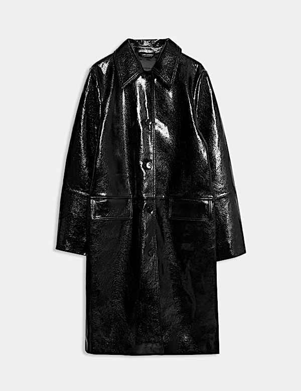 מעיל נסיעה מעור בגזרה ארוכה בגימור סדקים מבריק - IL