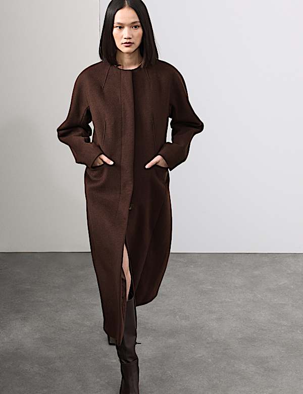 Wool Blend Collarless Longline Coat - AL
