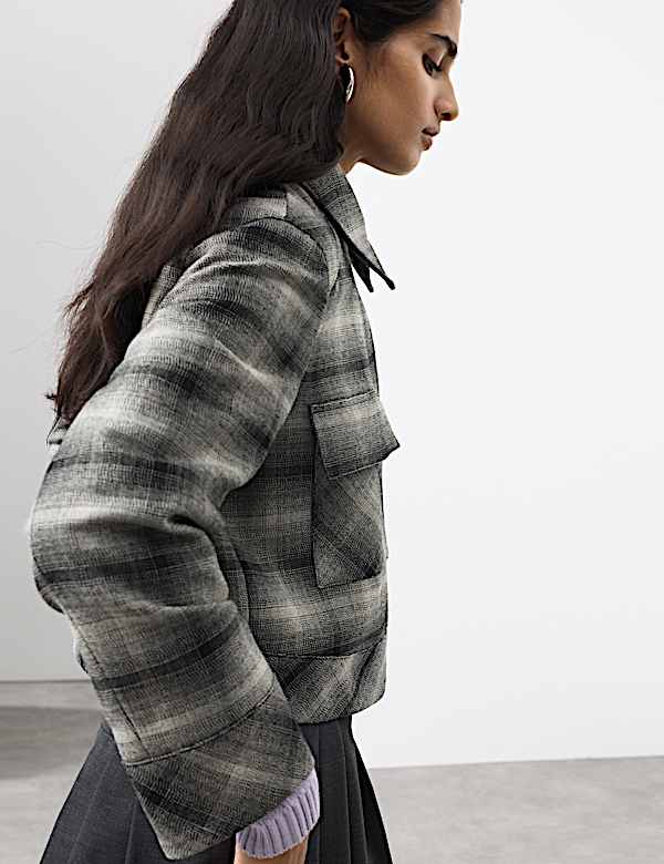 Veste courte 100 % laine &agrave; carreaux - CA