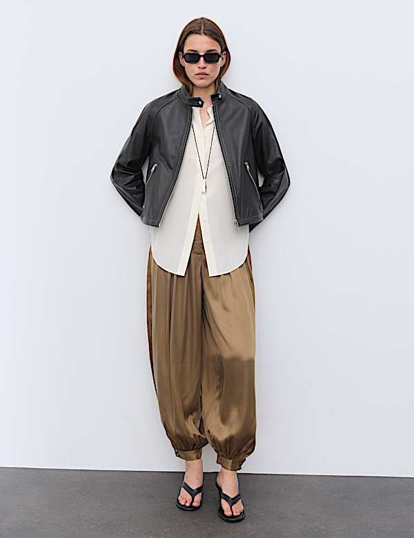 Leather Collarless Cropped Biker Jacket - CA