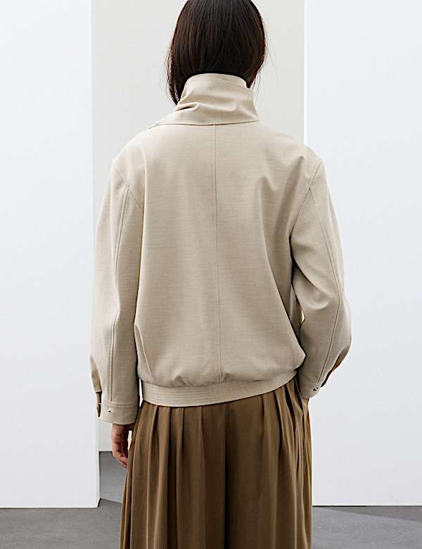 Wool Blend Tailored Scarf Bomber Jacket - IS