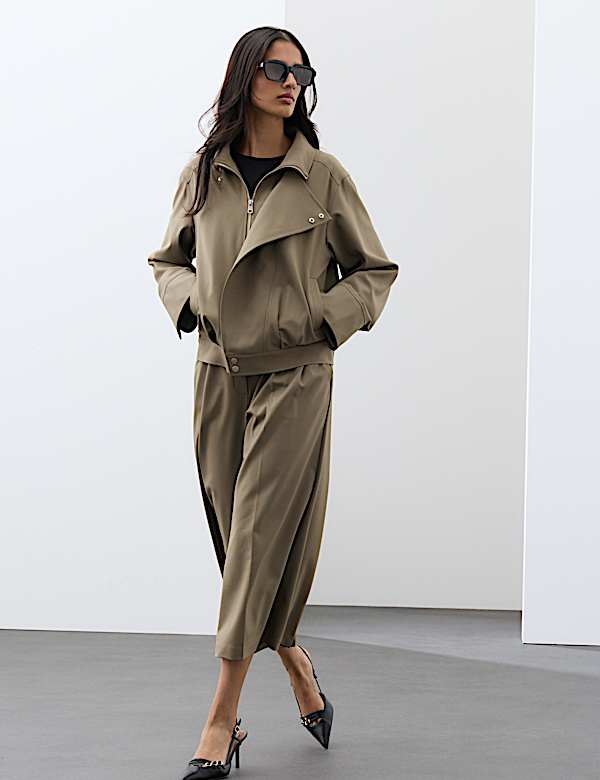 Wool Blend Funnel Neck Tailored Bomber Jacket - EE