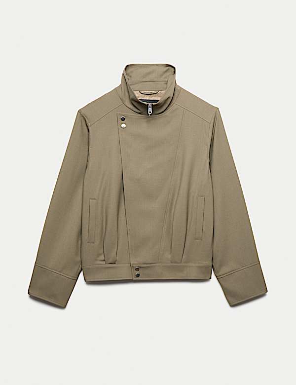 Wool Blend Funnel Neck Tailored Bomber Jacket - EE