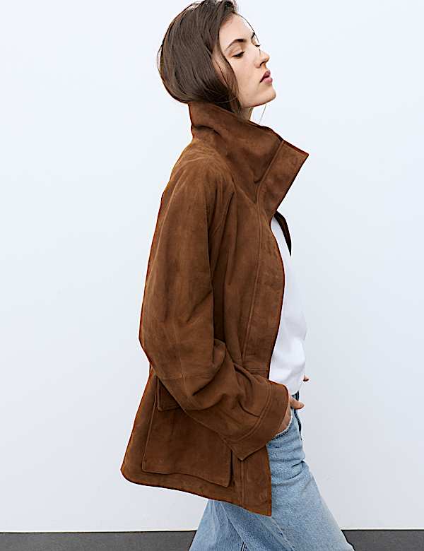 Suede Funnel Neck Longline Jacket - CA