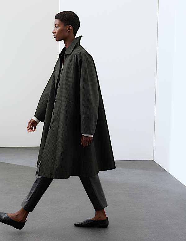 Pure Cotton Checked Collared Longline Car Coat - DE