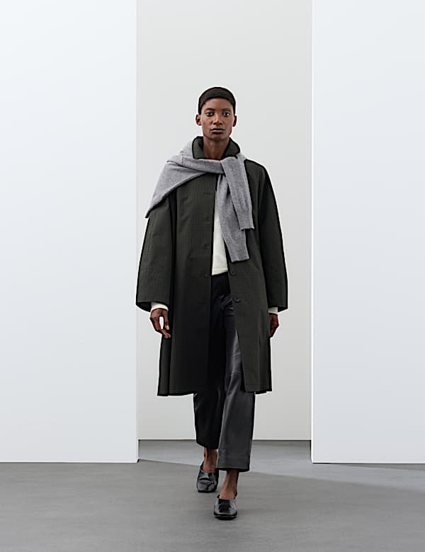 Pure Cotton Checked Collared Longline Car Coat - DE