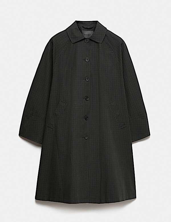 Pure Cotton Checked Collared Longline Car Coat - DE