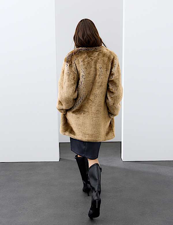 Faux Fur Collarless Longline Coat - CA