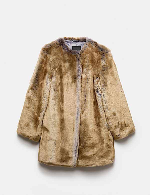 Faux Fur Collarless Longline Coat - CA