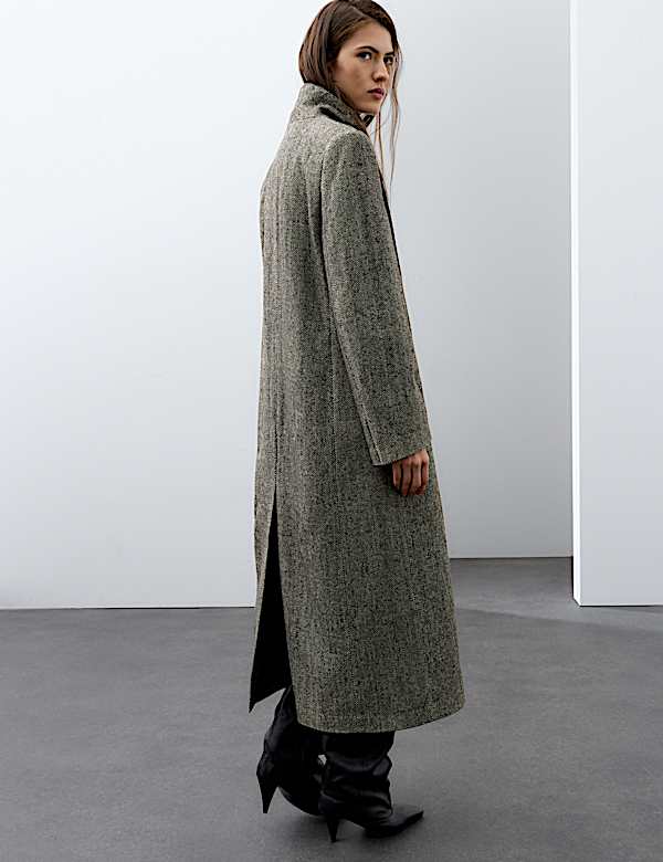 Wool Blend Herringbone Longline Tailored Coat - MX