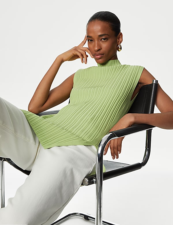 Ribbed Funnel Neck Split Hem Knitted Top