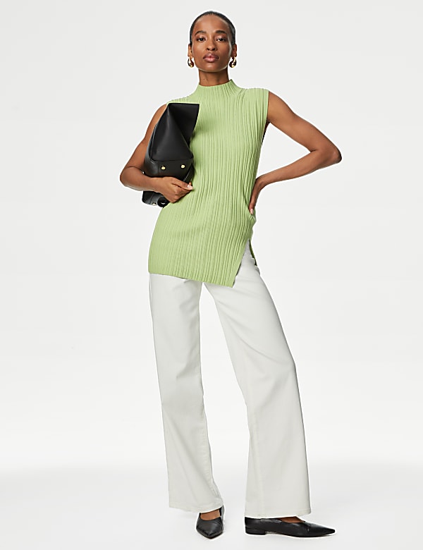 Ribbed Funnel Neck Split Hem Knitted Top