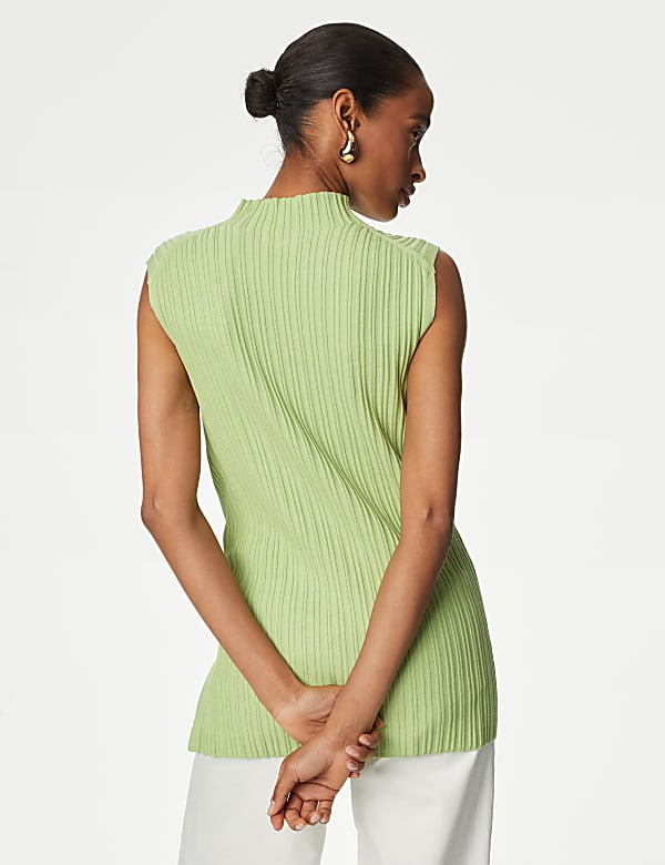 Ribbed Funnel Neck Split Hem Knitted Top