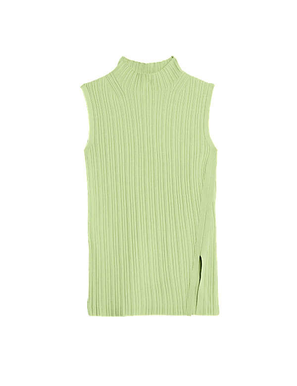 Ribbed Funnel Neck Split Hem Knitted Top