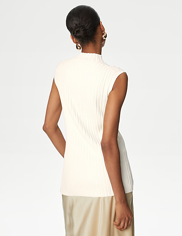 Ribbed Funnel Neck Split Hem Knitted Top